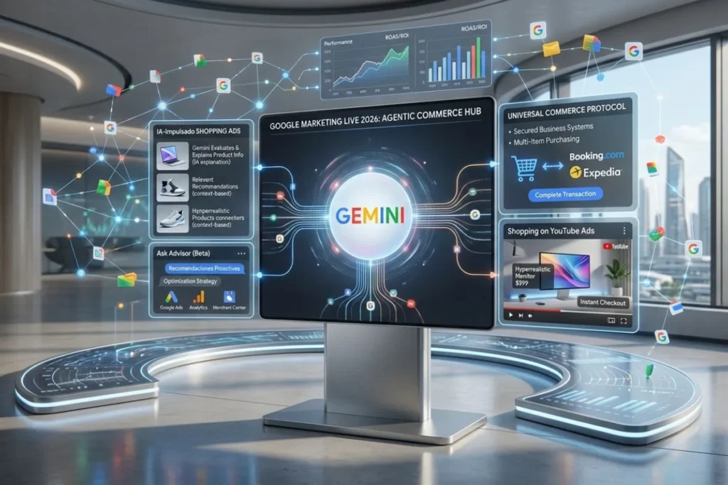 Imagen generada con IA que recrea un centro de mando tecnológico y futurista diseñado para el evento Google Marketing Live 2026.