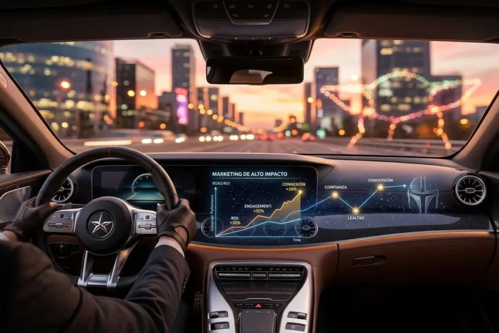 Vista macro en 3D de una consola automotriz futurista y ultra elegante de fibra de carbono. En la pantalla táctil de cristal, se observa un gráfico de crecimiento financiero y métricas que se transforma sutilmente en un mapa de constelaciones brillantes y una ruta de navegación holográfica. Al fondo de la escena, a través del parabrisas, las luces de una ciudad moderna se desdibujan creando un efecto bokeh con destellos amarillos y naranjas que evocan la silueta abstracta de una pequeña criatura con orejas puntiagudas en el asiento del copiloto. Una toma limpia, profesional, minimalista, que proyecta el éxito y el marketing de alto impacto a través del viaje.