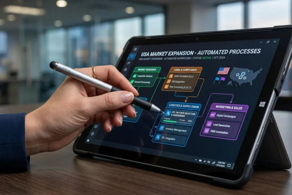 Una interfaz digital limpia en una tableta corporativa que muestra flujos de procesos automatizados de expansión hacia Estados Unidos representando los founders que emigran gracias a la Inteligencia Artificial
